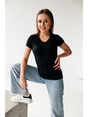 128-R V-neck czarna Koszulka damska slim